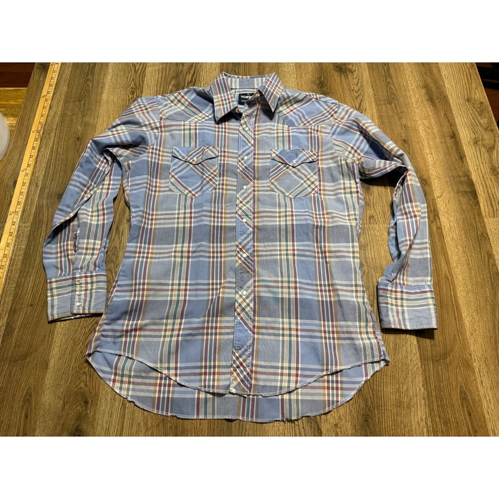 Wrangler Western Shirt Mens Size L Blue Plaid Pearl Snap Long Sleeve Shirt